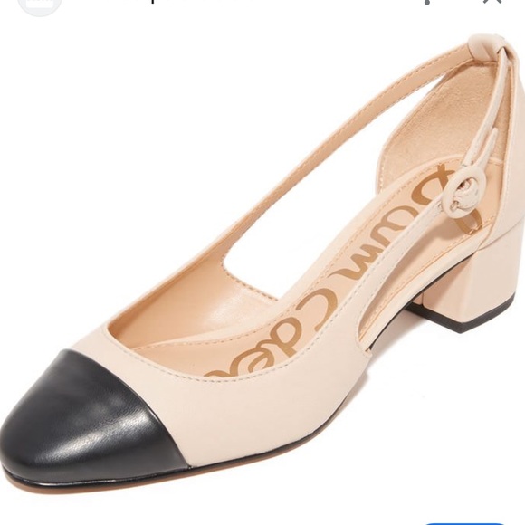 Sam Edelman Two-Tone Beige and Black Cap-Toe Slingback Block Heels - Picture 2 of 8